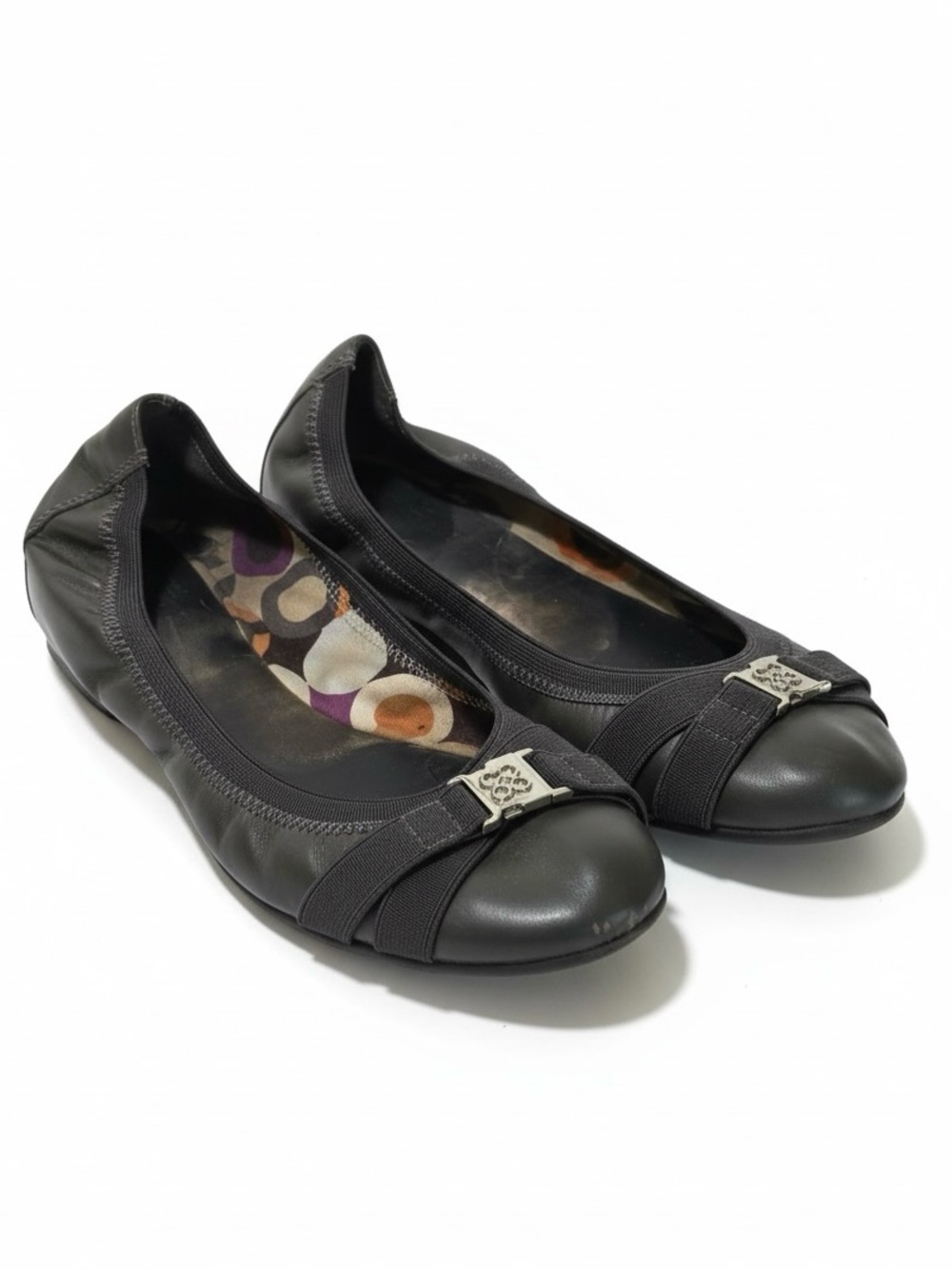 COACH Leather Dwyer CC Bow Preppy Elastic 7.5 Strap Ballet Flats Shoes GreyOlive